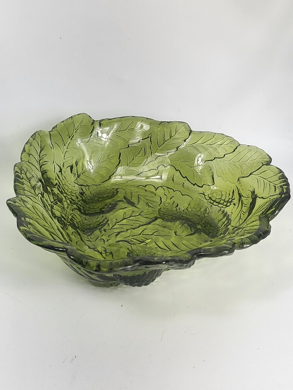 Indiana Glass Green Leaf Glass Bowl- Home Art Decorative Serving Dish Vintage